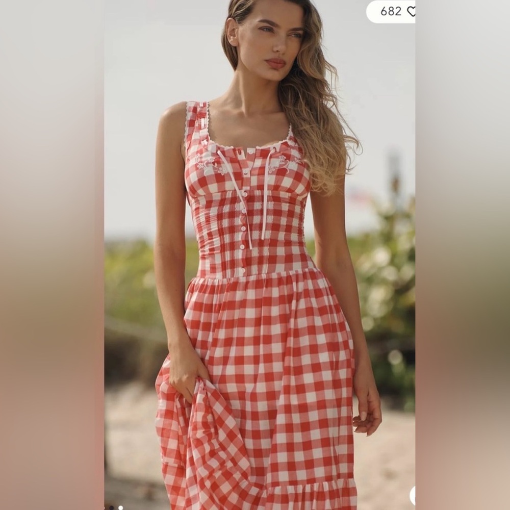 Frankie's Bikinis Red and White Gingham Maxi Dress - Picture 2 of 6